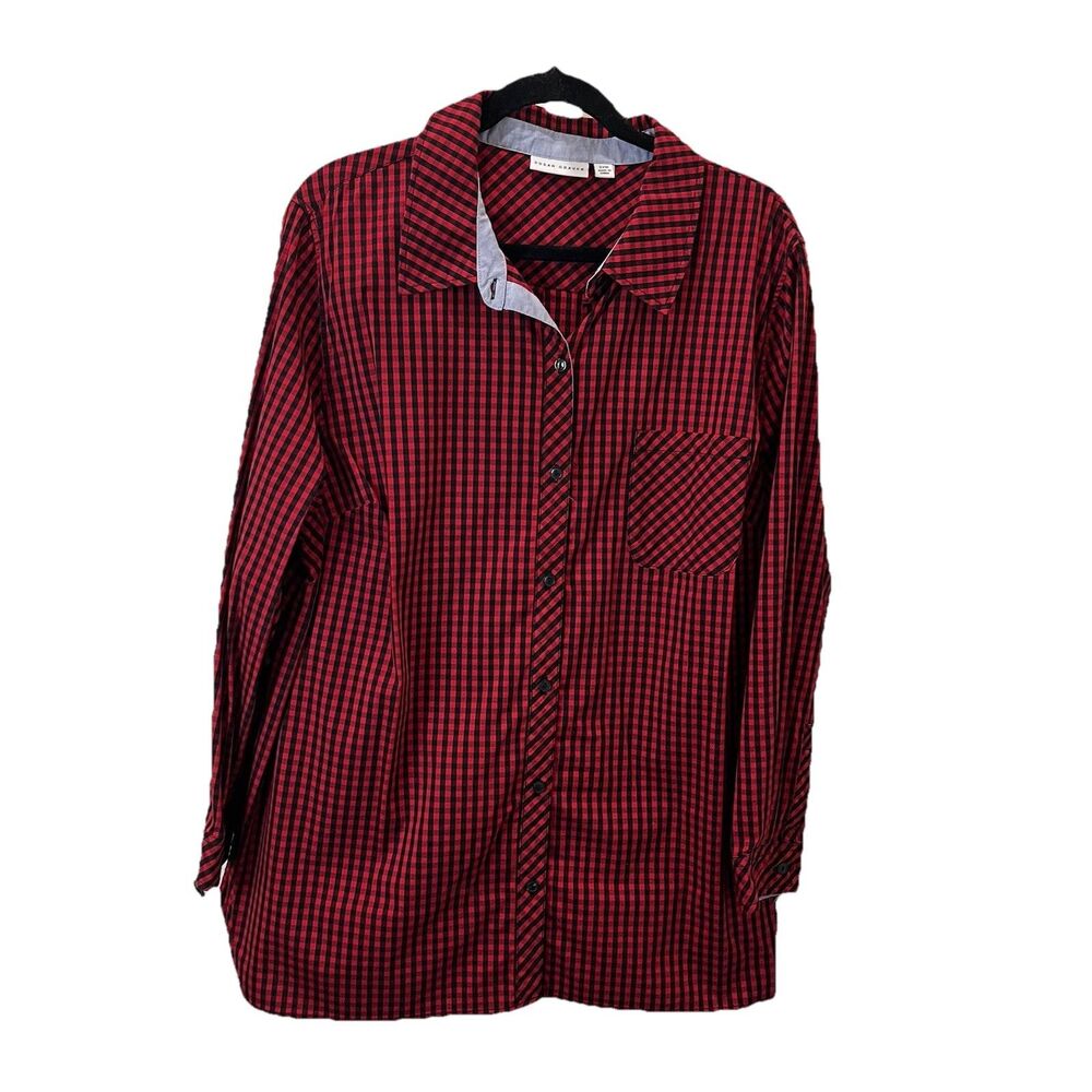 Susan Graver Red Black Plaid Checkered Button Up Long Sleeve Shirt Womens 22W